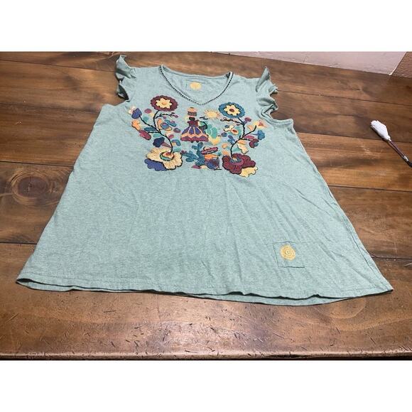 Double D Ranch Floral Embroidered Tee Green Contrast Stitching Medium - Picture 5 of 11